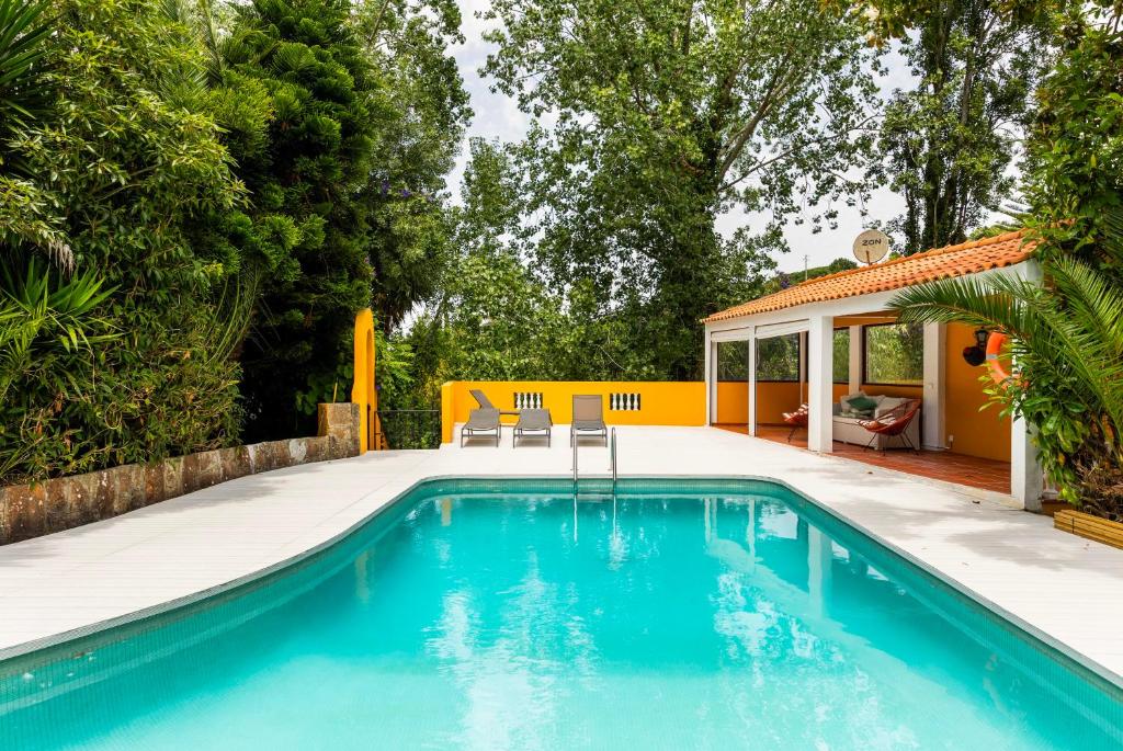 Piscina rodeada de vegetação com pool house