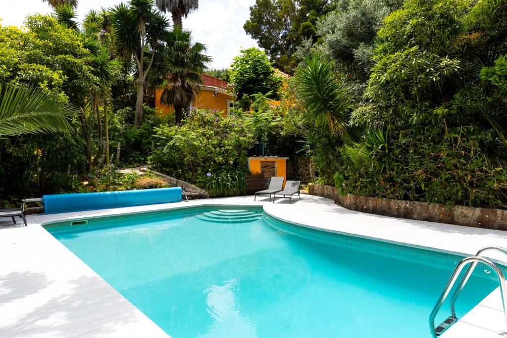 Piscina com escadas de entrada e espreguiçadeiras