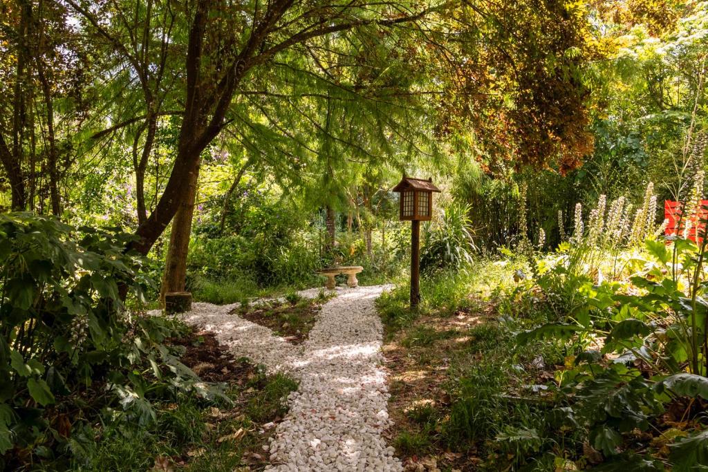 Caminho de seixos e lanterna no jardim da quinta