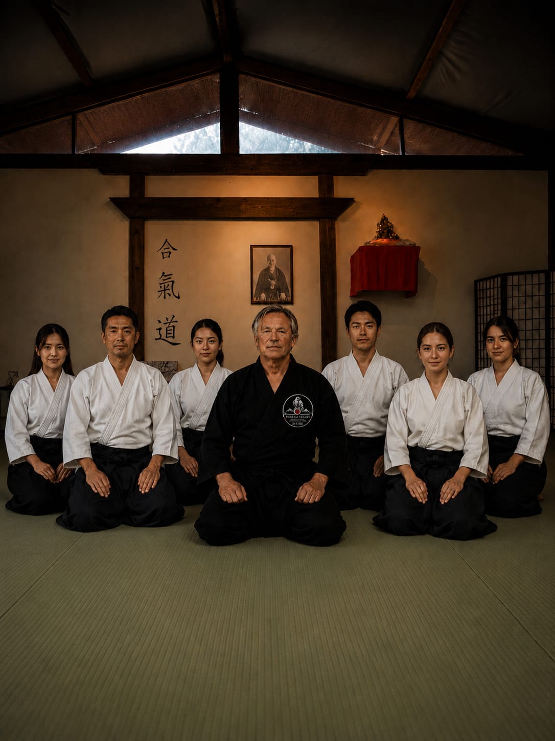 Sensei com alunos no dojo
